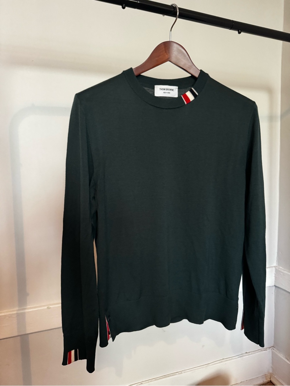 Thom Browne Dark Green Long-Sleeve Crewneck with Signature Stripe Trim